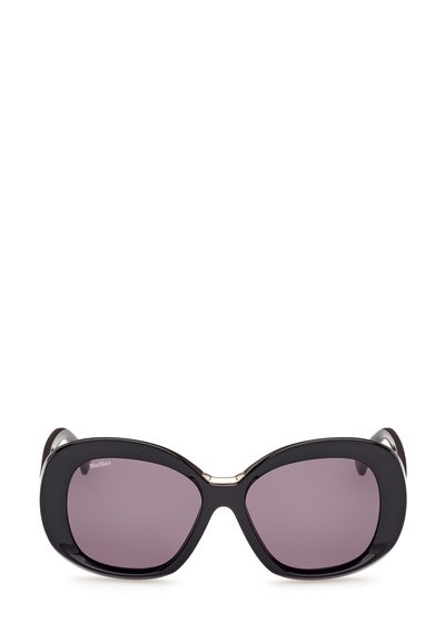 Ochelari de soare supradimensionați, de culoare neagră, cu lentile violet închise, având un cadru lucios, o formă rotundă și accente discrete de aur între lentile.