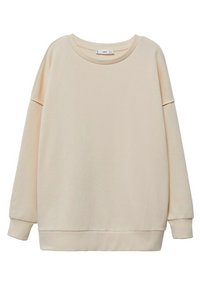 Sudadera de color beige claro hecha de tela suave. Presenta un escote redondo, costuras de hombro caídas y puños y dobladillo acanalados.