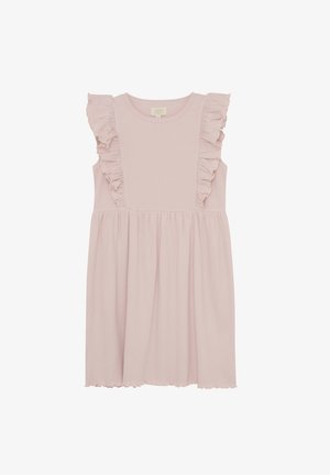 Lichtroze jurk met ribbeltextuur, ruches op de schouders, mouwloos ontwerp en een uitlopende rok met een golvende zoom.