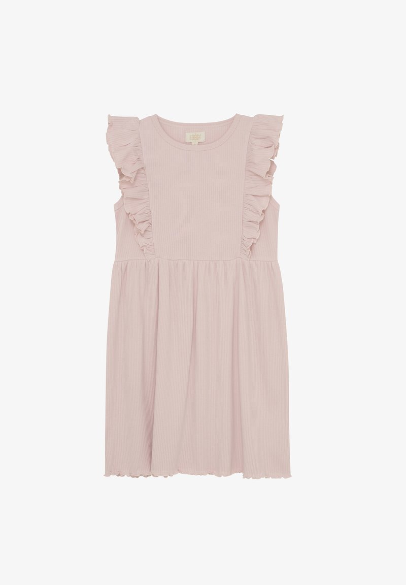 Helles rosa Kleid mit gerippter Textur, Rüschenschultern, ärmellosem Design und einem ausgestellten Rock mit welligem Saum.