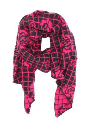 Sciarpa checkered rosa e nera realizzata in tessuto morbido, caratterizzata da un motivo floreale con bordi sfrangiati e un design leggero e drappeggiato.