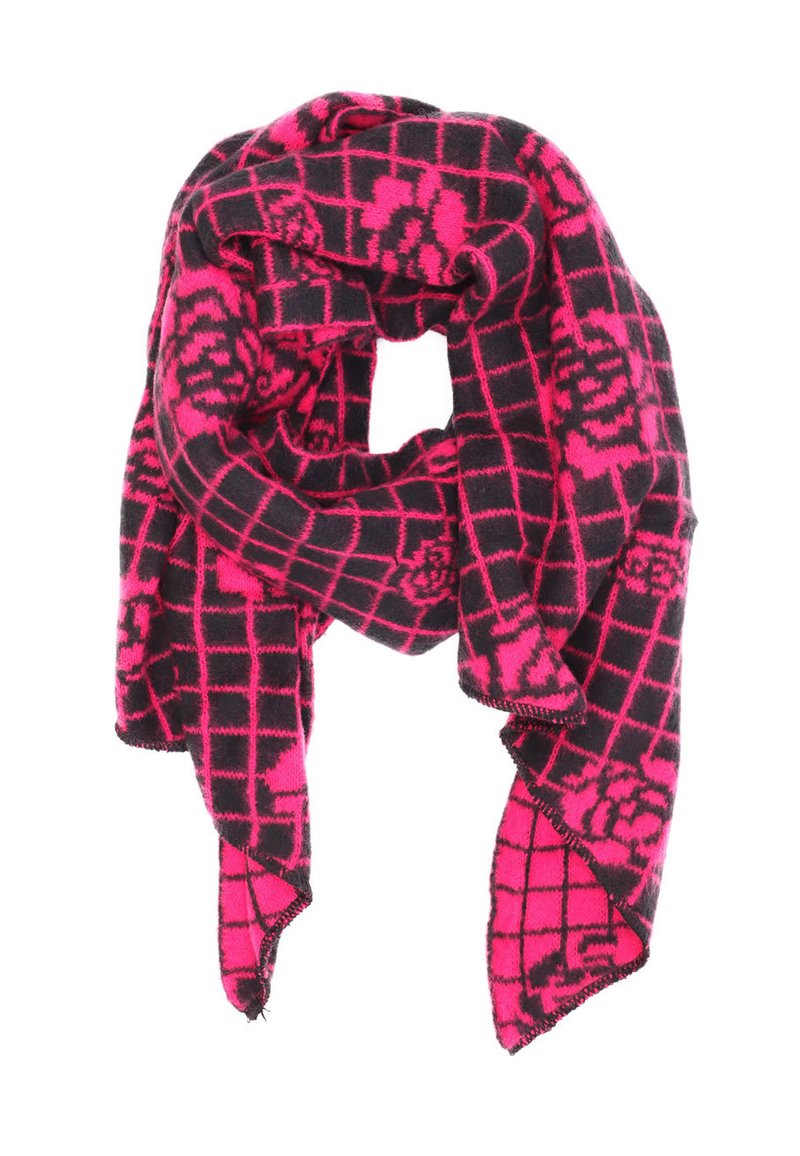 Sciarpa checkered rosa e nera realizzata in tessuto morbido, caratterizzata da un motivo floreale con bordi sfrangiati e un design leggero e drappeggiato.
