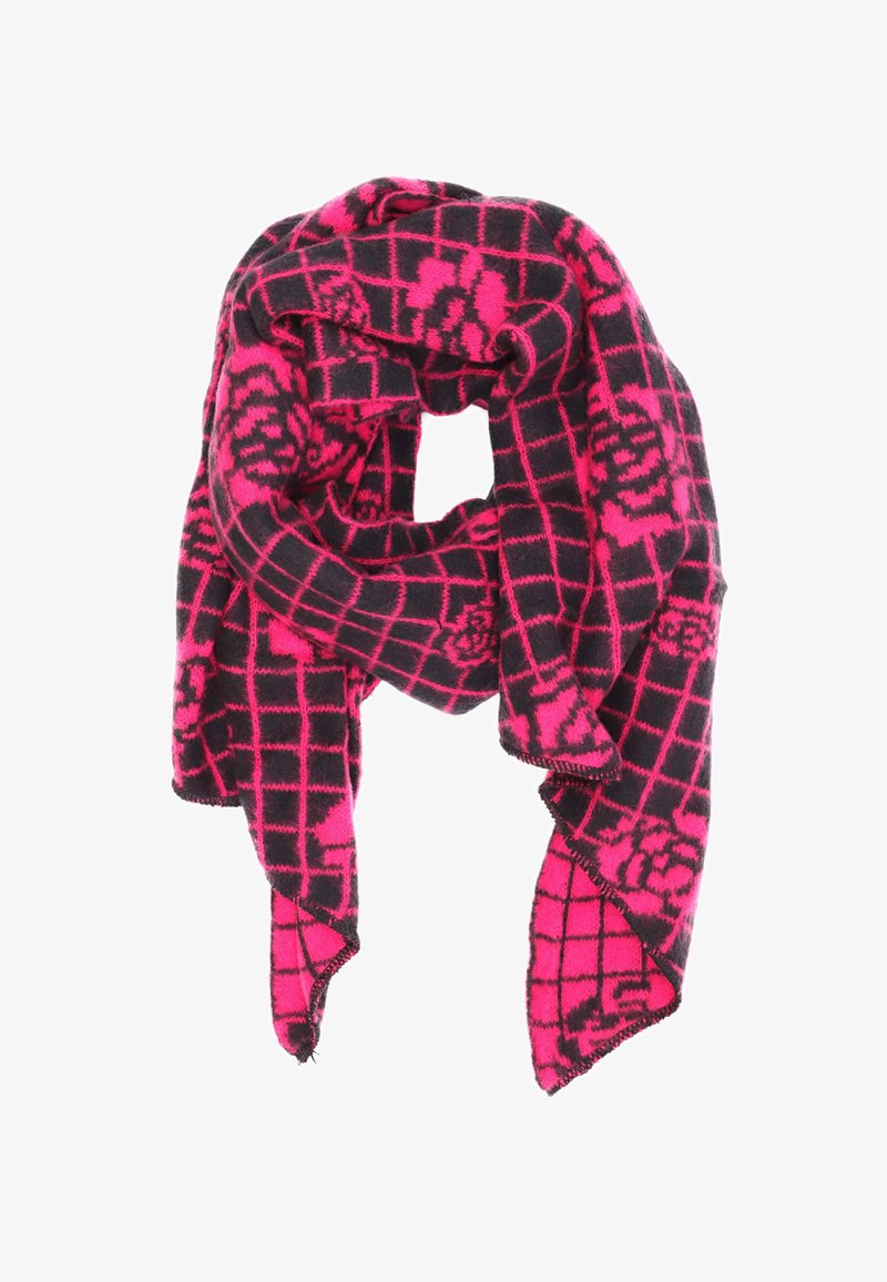 Sciarpa checkered rosa e nera realizzata in tessuto morbido, caratterizzata da un motivo floreale con bordi sfrangiati e un design leggero e drappeggiato.