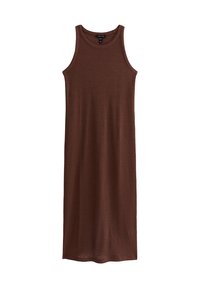Robe débardeur tricotée marron avec une silhouette droite, une texture côtelée et une conception sans manches, arrivant au milieu du mollet.