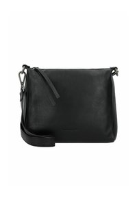 Borsa a tracolla in pelle nera con una trama liscia, chiusura a zip e tracolla regolabile. Presenta dettagli in metallo e un design semplice.