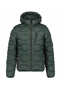 Puffermantel i mørkegrøn med quiltet mønster, hætte, frontlynlås og lynlåslomme på brystet. Lavet af et glat, isoleret materiale.