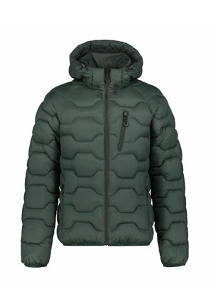 Chaqueta tipo puffer en verde oscuro con patrón acolchado, capucha, cremallera frontal y bolsillo en el pecho con cremallera. Fabricada con un material suave e insulated.