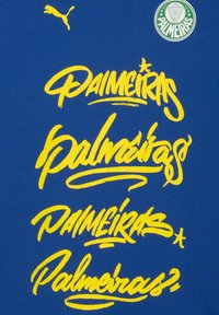 Blåt stof med gul håndskrevet tekst, der gentages "Palmeiras." En lille Puma-logo og et Palmeiras-mærke er inkluderet.