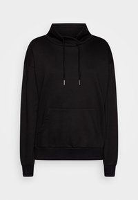 Sudadera negra con capucha, de cuello alto, con cierre de cordón, bolsillo delantero, y puños y dobladillo de canalé. Fabricada en un tejido suave y texturizado.