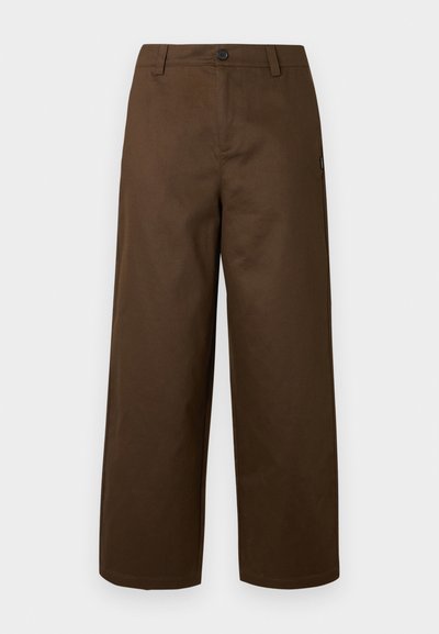 Brown wide-leg pants made from smooth fabric, featuring a front button closure and side pockets, with a clean and simple design.