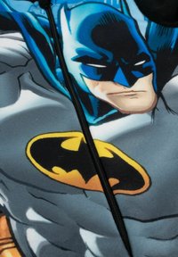 Felpa con zip caratterizzata da una grafica di Batman, in blu e grigio con un emblema nero e giallo sul petto. Texture morbida.