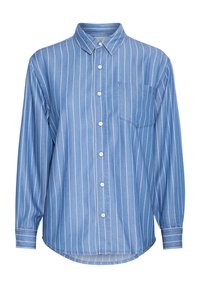 Camicia azzurro chiaro con righe verticali bianche, colletto strutturato, maniche lunghe e taschino sul petto. Materiale in cotone, vestibilità rilassata.