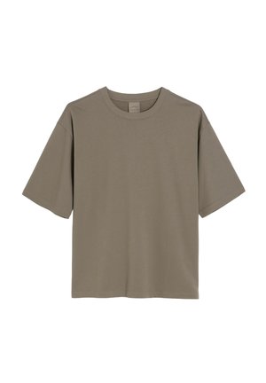 Gładki t-shirt z krótkim rękawem i okrągłym dekoltem w stonowanym oliwkowym kolorze, pokazany na płasko bez wzorów i grafik.