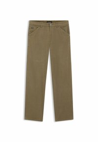 Pantaloni khaki con design a gamba dritta, realizzati in un tessuto testurizzato. Presentano due tasche frontali e una chiusura con bottone in vita.