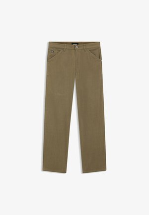 Khaki trousers with a straight-leg design, made from a textured fabric. Features two front pockets and a button closure at the waist.