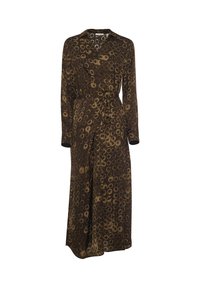 Abito lungo marrone a maniche lunghe con colletto all'inglese, vita legata e motivo circolare in diverse tonalità. Realizzato in tessuto liscio e leggero.