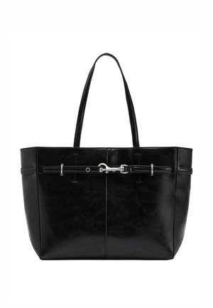 Czarna skórzana torba typu tote z podwójnymi paskami na ramię i poziomym paskiem z klamrą na górnej przedniej części.