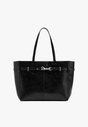 Czarna skórzana torba typu tote z podwójnymi paskami na ramię i poziomym paskiem z klamrą na górnej przedniej części.