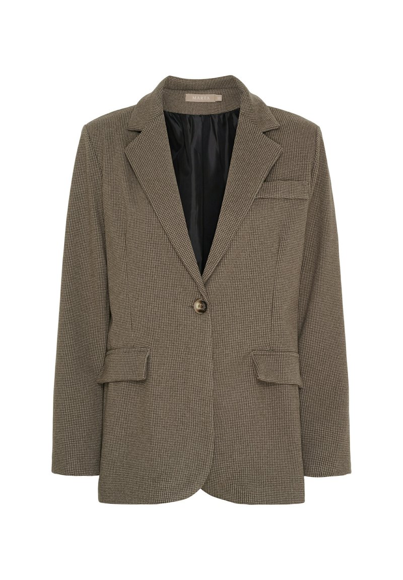 Brun hundetandsmønstret blazere med enkelt knaplukning, hakede revers, to klaplommer og brystlomme med lærredskant, sort inderfor synlig.
