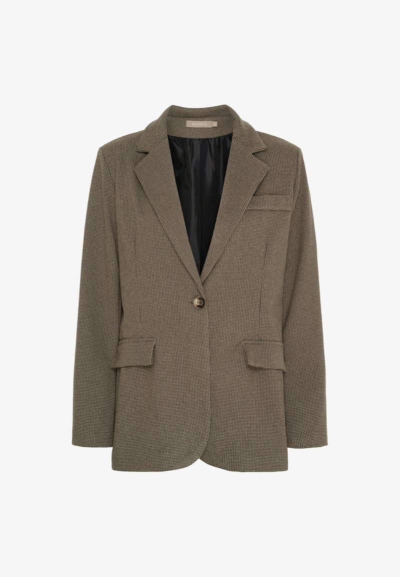 Brun hundetandsmønstret blazere med enkelt knaplukning, hakede revers, to klaplommer og brystlomme med lærredskant, sort inderfor synlig.