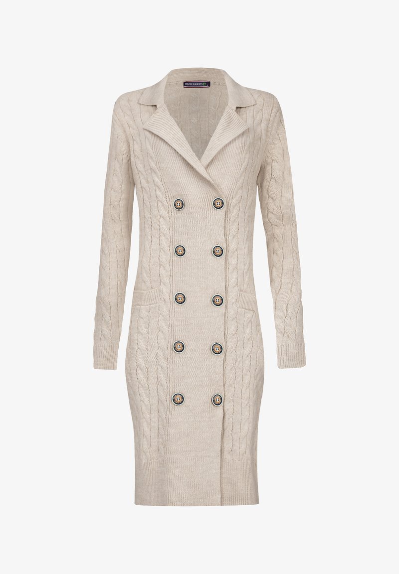 Beige kabelstrikket cardigan med dobbeltknapdesign, spidse krave, to sidelommer og seks logoknapper. Blød tekstur.
