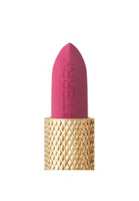 Rouge à lèvres rose vif avec une finition mate, présentant un boîtier à motif géométrique doré et une marque en relief sur la surface du rouge à lèvres.