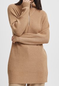 Maglione lavorato a maglia in marrone chiaro con colletto alto, chiusura con zip e texture a costine; presenta dettagli a pannello diagonale sul petto.