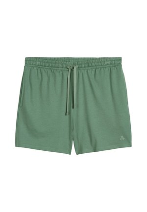 Grüne Baumwollshorts mit elastischem Bund, Kordelzug und Seitentaschen. Mit einem kleinen Logo in der unteren rechten Ecke.
