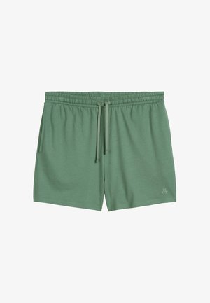 Grüne Baumwollshorts mit elastischem Bund, Kordelzug und Seitentaschen. Mit einem kleinen Logo in der unteren rechten Ecke.