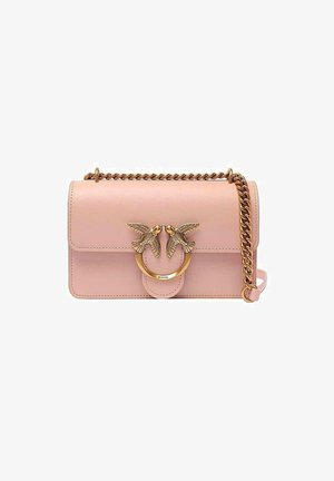 Pink leather handbag with a golden chain strap, featuring a circular clasp accented by two bird designs. Smooth texture, rectangular shape.