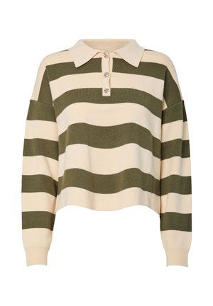 Kort stickad tröja med breda horisontella ränder i olivgrönt och beige, en krage och tre dekorativa knappar på frammejseln.