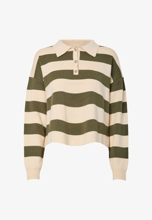 Trumpas megztinis su plačiomis horizontaliosiomis alyvuogių žalios ir smėlio spalvos juostomis, apykakle ir trimis dekoratyviniais mygtukais priekyje.