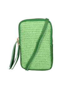 Gr�øn vævet clutch-taske med en tekstureret overflade, guldzipper og aftagelig strop. Har læderdetaljer og en rektangulær form.
