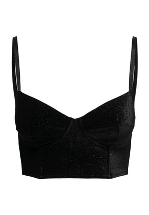 Top corto nero realizzato in tessuto lucido, caratterizzato da un design strutturato con spalline sottili, una leggera lucentezza e sottili dettagli di glitter.