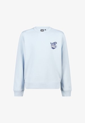Sweatshirt bleu clair en mélange de coton, orné d'un design graphique marine avec le texte "RAMEN CLUB" et un bol de nouilles sur la poitrine.