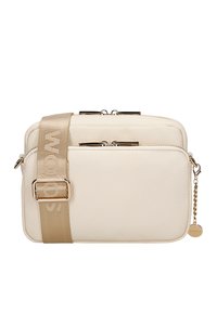 Borsa a tracolla in pelle color crema con due scomparti zip, tracolla beige regolabile e dettagli metallici. La superficie testurizzata aggiunge un tocco di dettaglio.