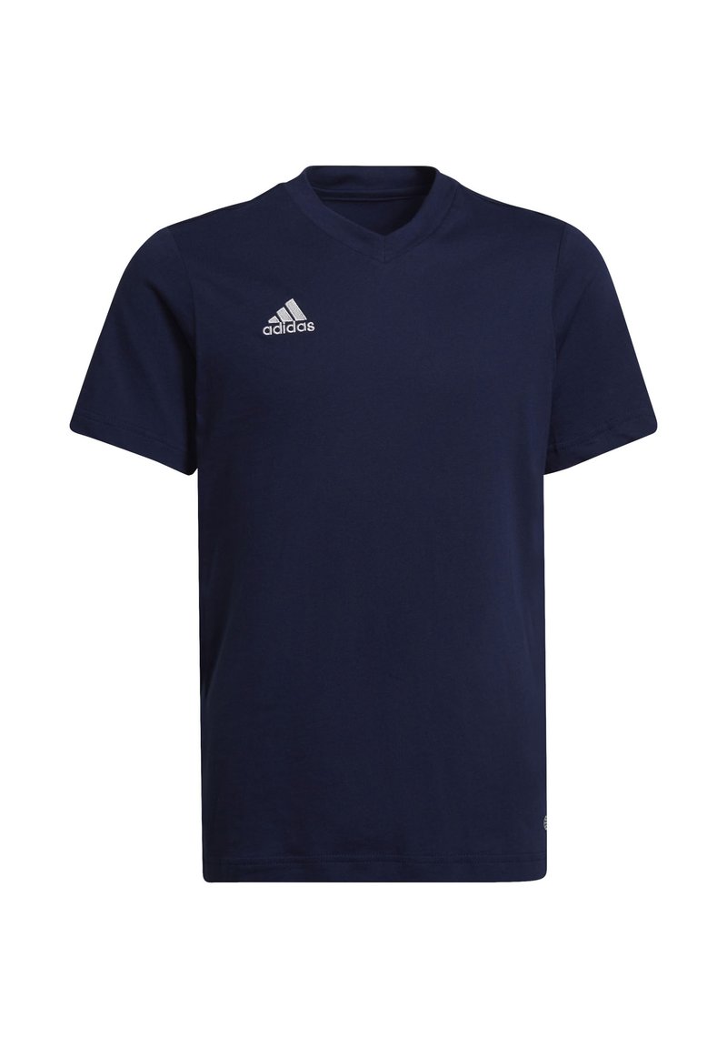 Navy blue short-sleeve t-shirt made of cotton, featuring a V-neck design and a white Adidas logo on the left chest.