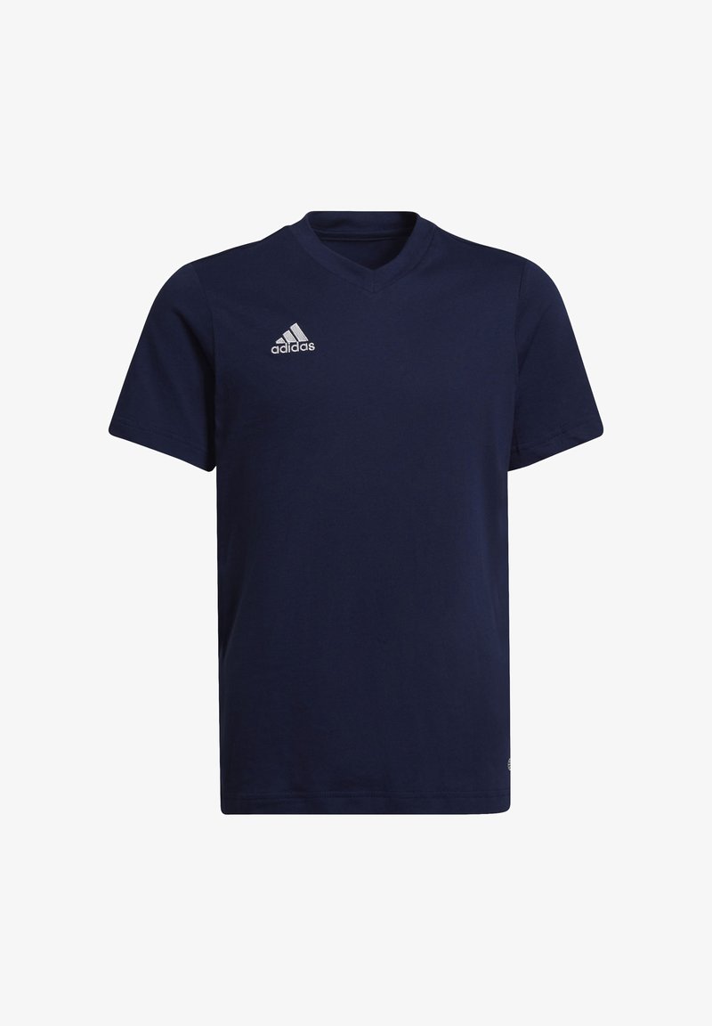 Navy blue short-sleeve t-shirt made of cotton, featuring a V-neck design and a white Adidas logo on the left chest.