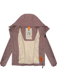 Lichtpaarse jas met een contrasterende beige binnenkant, capuchon en elastische zoom. Bevat een geweven label met graphics en een oranje accent.