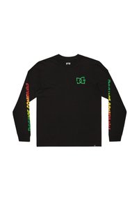 Black long-sleeve t-shirt made of cotton, featuring a green logo on the chest and colorful "DC SHOE COMPANY" text on the sleeves.