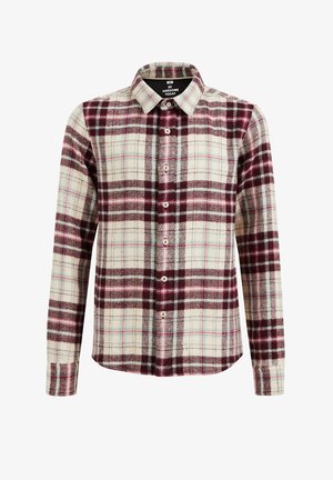 La camicia di flanella a quadri presenta colori bordeaux, crema e azzurro chiaro, colletto a punte, maniche lunghe e chiusura frontale con bottoni. Texture morbida.