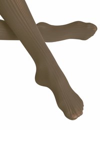 Braune gerippte Strumpfhosen mit einer halbtransparenten Textur, die sich sanft an die Beine anschmiegt und über eine abgerundete Zehenpartie verfügt.