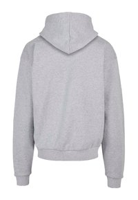 Grå hættetrøje, blød bomuldsblanding, løs pasform, kengurulomme, ribbede manchetter og kant, enkelt design, ensfarvet, ingen synlige logoer.