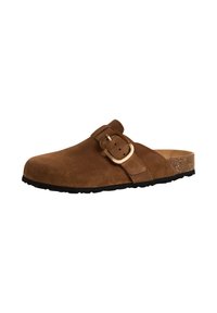 Brown suede clog with a wide strap and metal buckle, featuring a cork footbed and textured black rubber outsole.