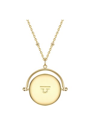 Goldfarbener Anhänger mit einer runden Scheibe und einem halbrunden oberen Teil. Hat ein einfaches Liniendesign auf der Vorderseite und eine klassische Kette.