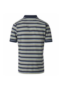 Koszulka polo z krótkim rękawem w kolorze granatowym z poziomymi paskami w kolorze zielonym, jasnoniebieskim i beżowym. Zapięcie na kołnierz z gładkiego, teksturowanego materiału.