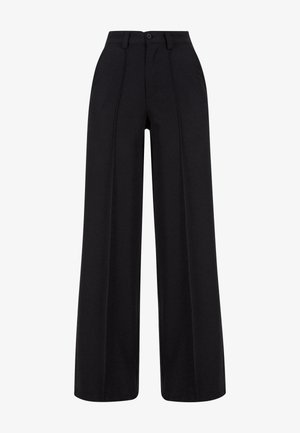 Pantalons larges noirs en tissu lisse, dotés d'une taille haute, d'une fermeture à bouton et de deux coutures à l'avant pour une touche de détail supplémentaire.