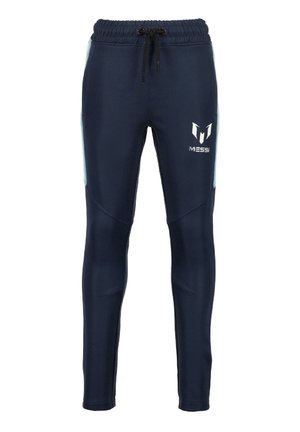 Marineblauwe slim-fit sportbroek met trekkoord in de taille en Messi-logo op de bovenste linker dij.