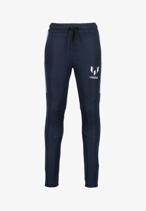 Marineblå slim-fit sportbukser med snører i taljen og Messi-logo på den øverste venstre lår.