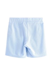 Lyseblå fleece shorts med elastisk linning, der har en blød overflade og enkelt design, uden lommer eller bemærkelsesværdige detaljer.